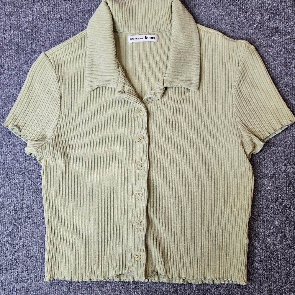 Reformation Ribbed Knit Babydoll Tee Collared Button-up Crop Size Medium Green